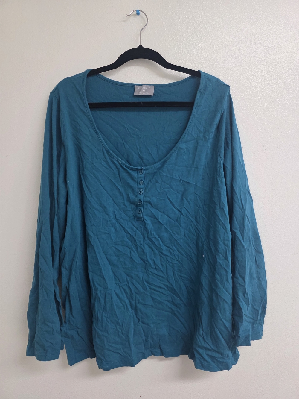K Jordan Teal Scoop Neck Henley Long Sleeve Top (0580)